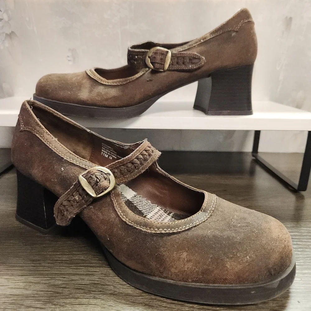 Vtg Mudd Y2K Brown Plaid Chunky Heel Platform Mary Jane *Fit Size 9/10 RARE 90's